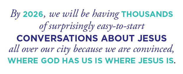 By 2026, we will be having thousands of surprisingly easy-to-start conversations about Jesus all over our city because we are convinced, where God has us is where Jesus is.